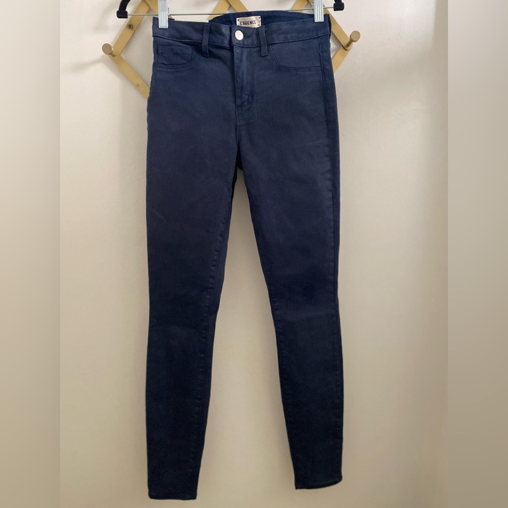 Brand New L’agence Marguerite Womens High Rise Skinny Pants 27 Navy Blue Coated